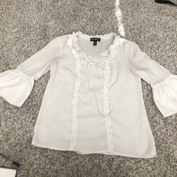 Karl Lagerfeld White 3/4 Bell Sleeve Ruffle Tie Neck Blouse Top Women's Sz XS - Picture 2 of 9